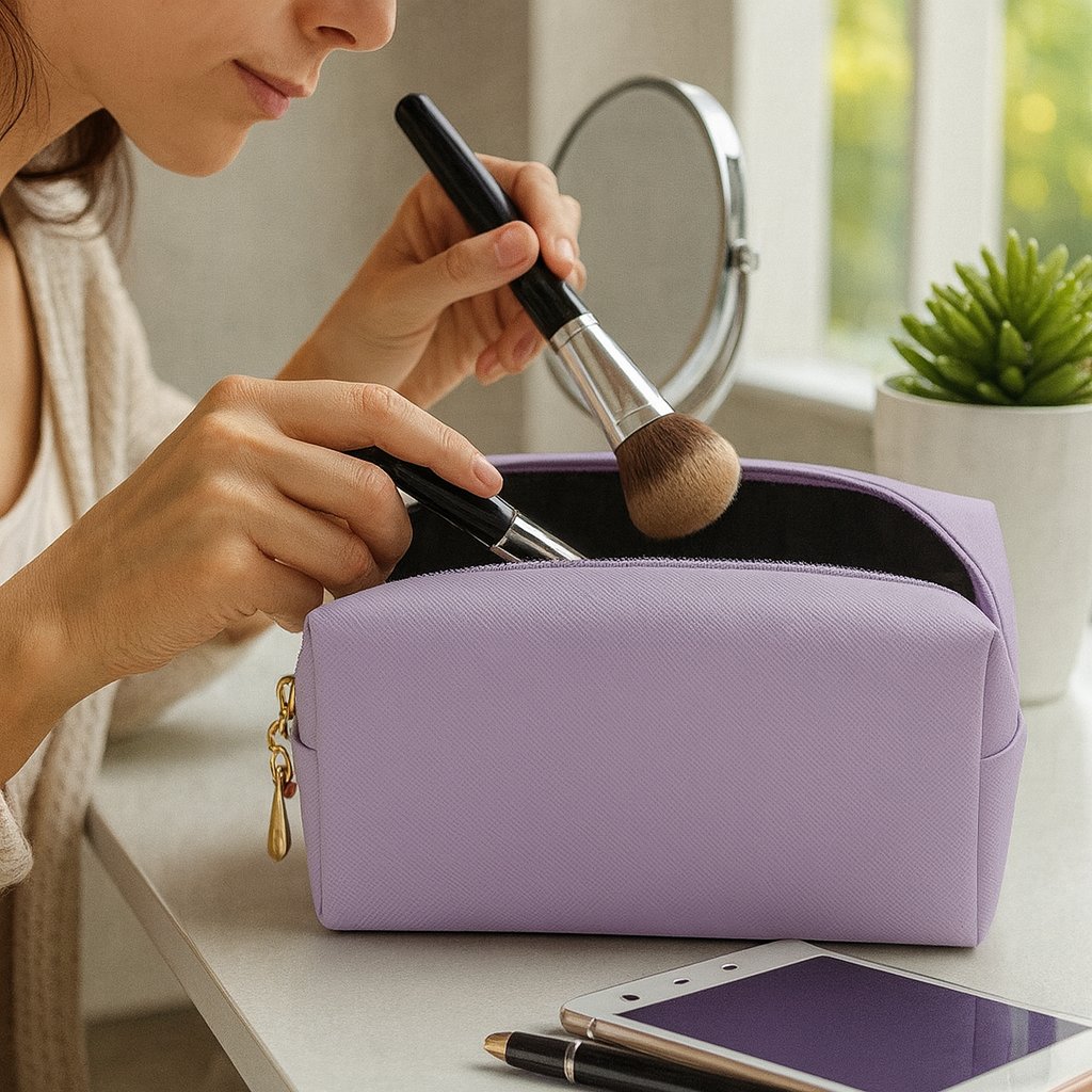 PU Leather Square Makeup Bag Travel Zipper Cosmetic Bag Small